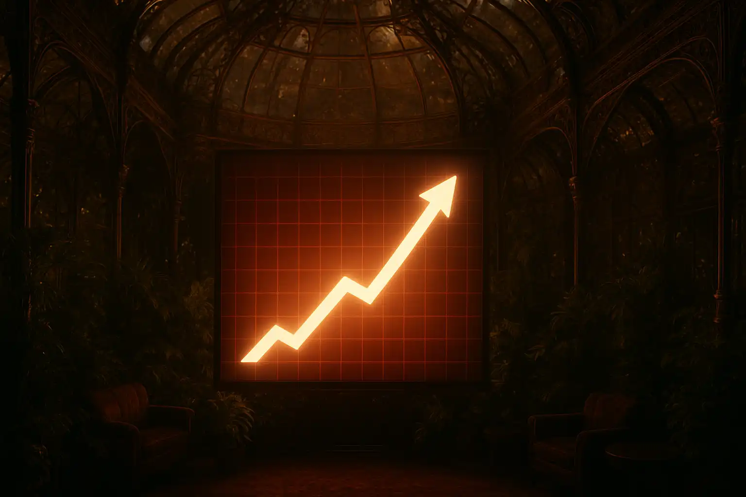 Rising multiplier graph displayed on a screen inside a Victorian glass conservatory casino