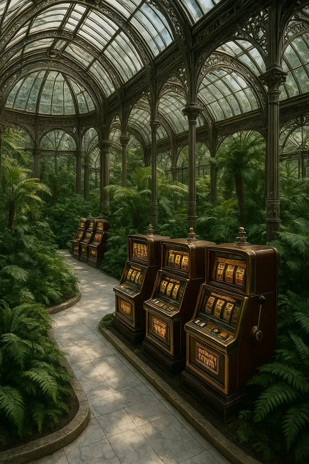 FoxyFlush Victorian glass conservatory casino floor with ornate slot machines and marble pathways