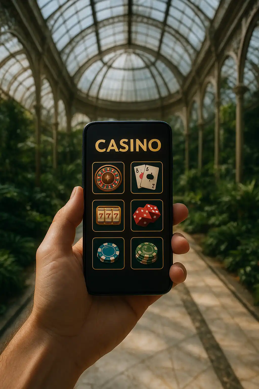 Smartphone displaying the FoxyFlush casino app lobby with a Victorian conservatory background