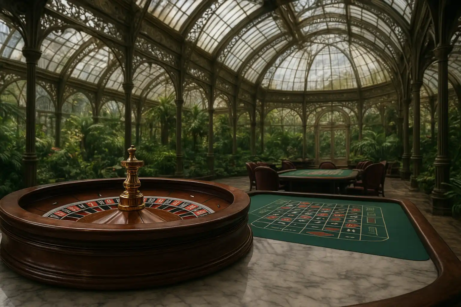 Ornate roulette wheel and marble table inside a Victorian glass conservatory casino