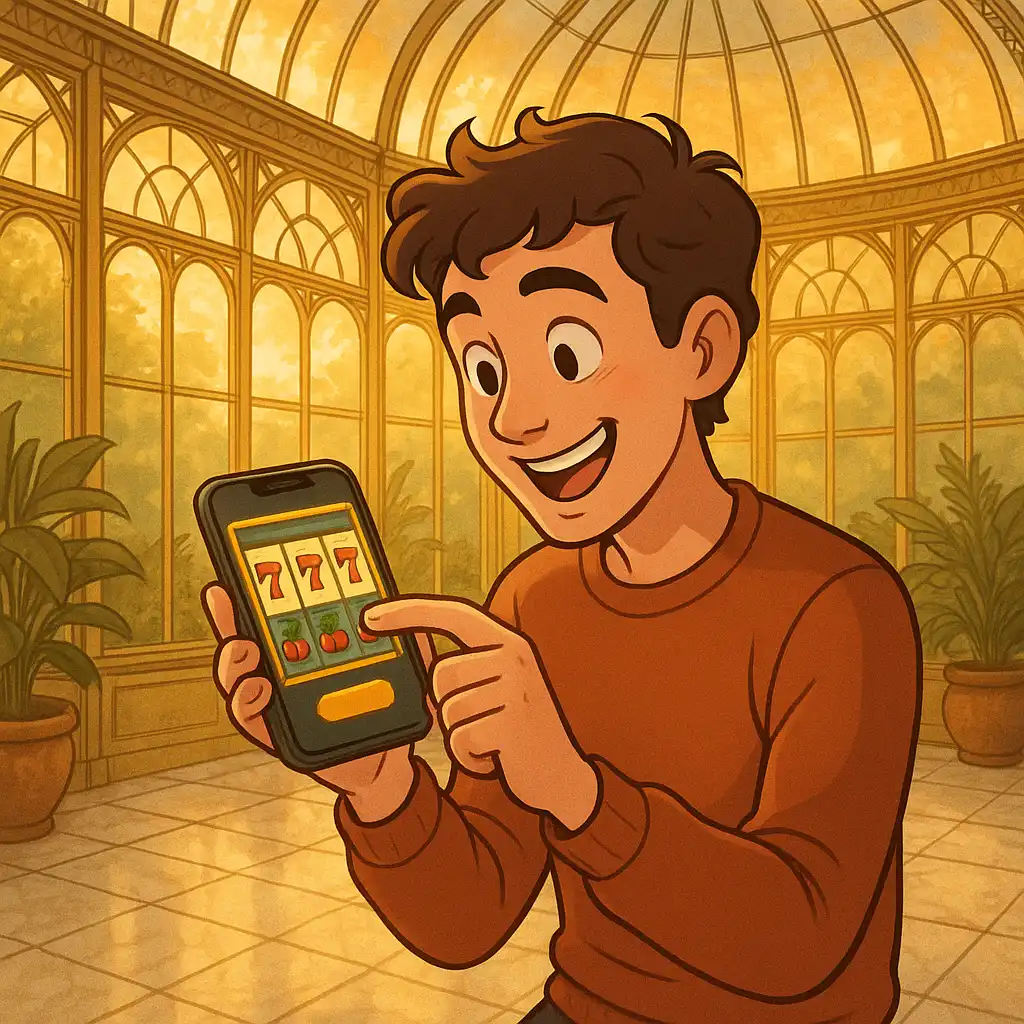 Player spinning slot reels on a mobile phone inside a glasshouse casino